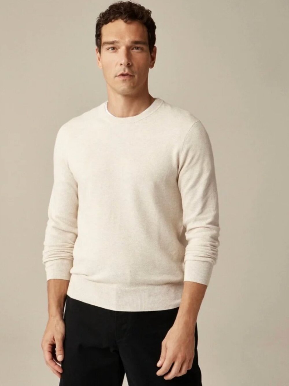 J.Crew Cotton Piqué-Stitch Crewneck Sweater - Heather Natural - Size Medium